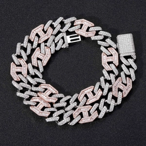 Two-tone iced out cuban chain necklace with 15mm width in silver and rose gold finish