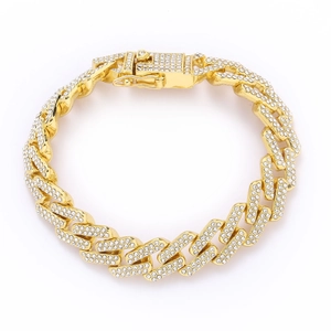 Bracelet Cuban Link 14mm doré style Hip Hop avec strass pavés pour hommes
