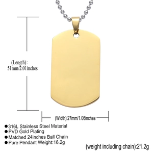 Detailed view of gold PVD 316L stainless steel dog tag pendant with 24-inch bead chain