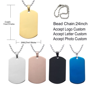 Detailed view of 51x27mm military dog tag pendants in five metallic colors with bead chains