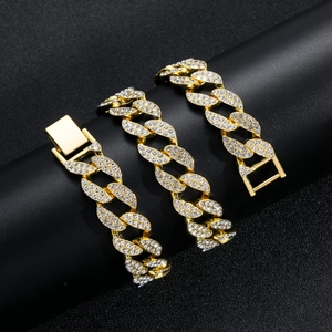 Men's 15mm gold hip hop Cuban link bracelet fully iced out with white rhinestones