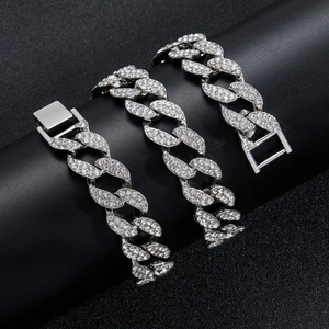 Detail view of 15mm silver iced out cuban link chain with luxury clear crystal pavé setting