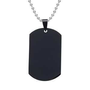 Detailed macro view of a matte black rectangular dog tag with a silver steel ball chain