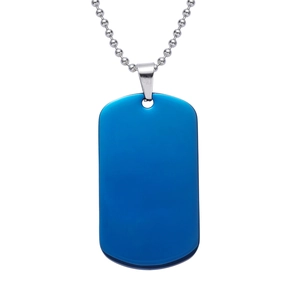 Detailed view of rectangular blue matte military tag pendant with silver bead chain link