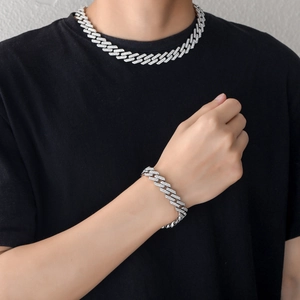 Set de chaîne et gourmette cubaine 14mm argentée style hip-hop avec strass brillants