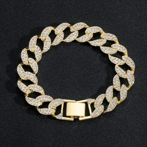Men's hip hop 15mm gold plated Cuban chain bracelet with full iced out rhinestones