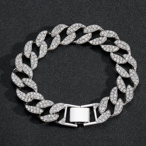 Men's 15mm hip hop Cuban link bracelet with full silver diamonds and box clasp