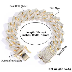 Technical view showing 19mm wide gold plated Cuban link chain with detailed dimensions