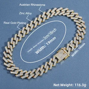 Detailoverzicht van 19mm Cuban link ketting met steentjes en afmetingen van 45cm lengte