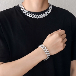 Silver iced out 19mm square Cuban link chain necklace and bracelet hip hop set