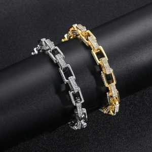 Bracelet chaîne box 8mm hip hop doré et argenté serti de strass brillants pour hommes