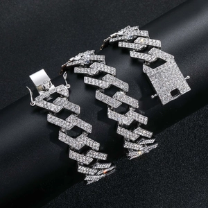 Heren 19mm zilveren Cubaanse ketting en armband set met sprankelende zirkonia steentjes