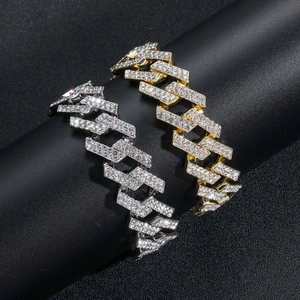 Hip hop 19mm iced out Cuban link bracelet in gold and silver finish with zircon stones