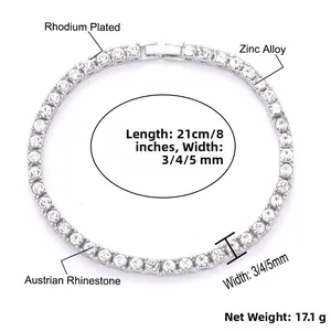 Detail of silver rhodium-plated tennis bracelet with white rhinestones and measurements