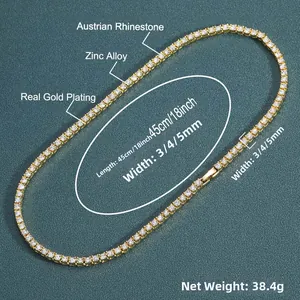 Detail of 18-inch gold plated tennis necklace with shimmering Austrian rhinestones