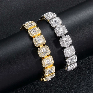 Bracelet Hip Hop Iced Out pour Hommes 13mm Baguette Strass Ronds Alliage Chaîne Cubaine Or Argent Bijoux Cadeau de Fête de Mode