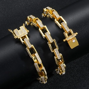 Collana a catena box 8mm placcata oro stile hip-hop con zirconi cubici scintillanti