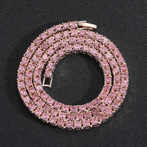 Pink rhinestone tennis chain necklace with silver base on professional display stand