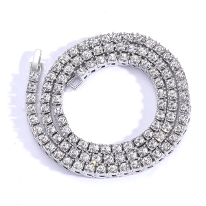 Detail view of silver-toned tennis necklace with multiple rows of sparkling rhinestones