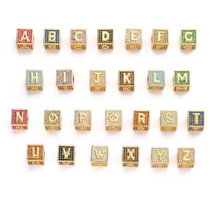 Gold cube pendants with 26 English letters and colorful zircon stones for DIY hip-hop jewelry