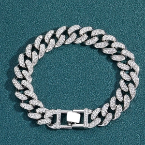 Bracelet chaîne cubaine 13mm pour homme argenté serti de strass brillants style hip hop