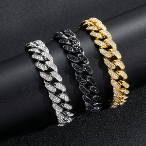 Bracelets gourmette 13mm hip hop en or, argent et noir avec pavé de zircons