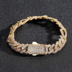Bracelet gourmette Miami Cuban 12mm doré avec cristaux de zircone pavés style hip-hop