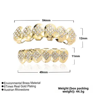Détail des prothèses dentaires hip hop plaquées or 18 carats avec diamants et dimensions