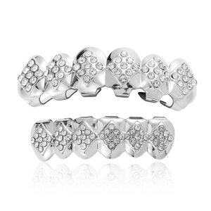Set de grillz hip hop plaqué or 18 carats avec motifs losanges et diamants étincelants
