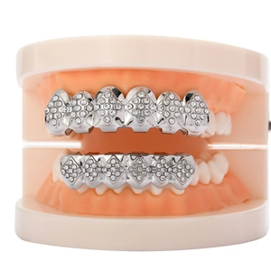 Grillz hip hop plaqué argent or 18K avec diamants brillants pour dents haut et bas