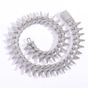 Hip hop silver spike Cuban link necklace with iced out cubic zirconia and clasp