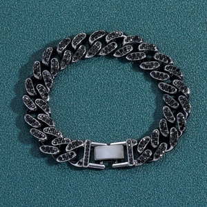 Bracelet gourmette hip hop 13mm noir fusil avec strass noirs pavés pour hommes
