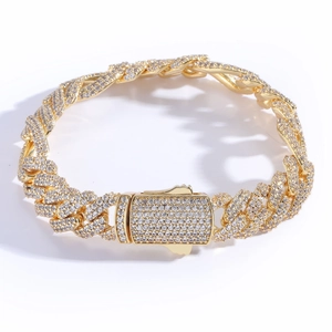 Bracelet Cuban Miami 12mm doré avec pavé de zircons et fermoir à cliquet style hip-hop