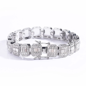 Bracelet hip hop glacé plaqué argent avec incrustations de zircones carrées