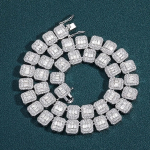Silver 13mm hip hop baguette square cut link chain with iced out crystal pavé