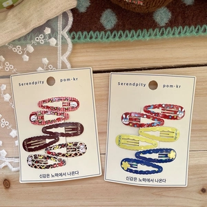 Set of 4 cute Korean printed drop-shaped snap hair clips for girls and children
