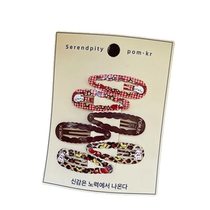 Cute set of 6 BB hair clips with cat patterns, red plaid, and leopard print designs