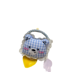 Élastique cheveux ours à carreaux bleus avec bordure dentelle et broderie mignonne