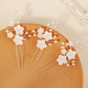 Elegant White Ceramic Flower Imitation Artificial Pearl Wedding Hair Pins Set For Bride Silver Alloy Floral U Shaped Bridal Hair Stick