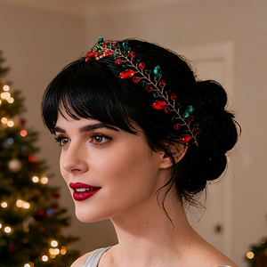 Bandeau Strass Noël Fait Main Rouge Vert Feuille Tissé Brillant Serre-tête Fête Performance Accessoire de Tête pour Femmes