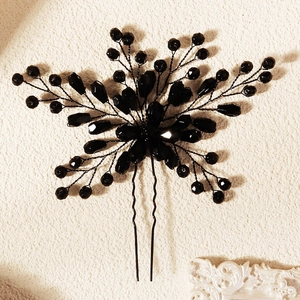Pic à Cheveux en Cristal Acrylique Noir Fait à la Main Mariage Coiffe Fil Alliage Fleur Gothique Fête Bijoux pour Femmes