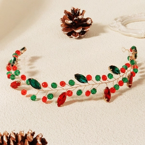 Serre-tête de Noël fait main avec cristaux rouges et verts sur fil métallique doré