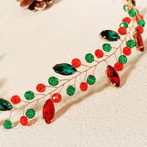 Serre-tête de Noël fait main avec cristaux rouges et verts sur fil doré festif