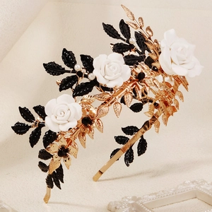 Baroque gold leaf headband with white resin roses and black pearls for Halloween party