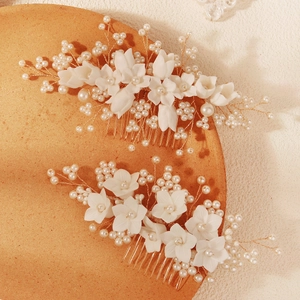 Vintage Bridal Flower Hair Comb With Imitation Artificial Pearls And Ceramic-look Flowers Gold Alloy Wedding Hair Piece For Women
