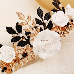 Gothic floral crown with white frosted roses and gold filigree leaves for Halloween