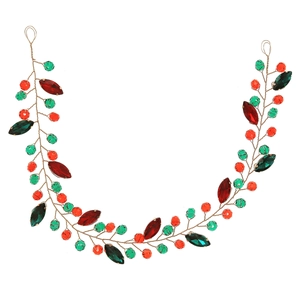 Serre-tête de Noël fait main avec cristaux rouges et perles vertes sur fil doré