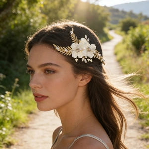 Détail de la pince à cheveux avec fleurs blanches, feuilles dorées et strass brillants