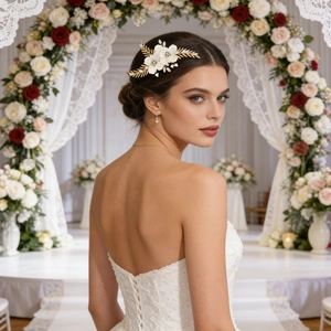 Barrette de mariée exquise avec fleurs blanches et feuilles dorées sur fond de mariage
