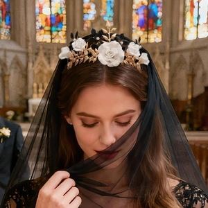 Halloween Gothic White Rose Golden Leaf Headband Handmade Baroque Dark Bride Headpiece Alloy Polymer Clay Rhinestone Crown